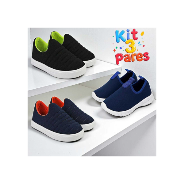 Kit 3 Pares Tênis Infantil Escolar Calce Fácil Menino