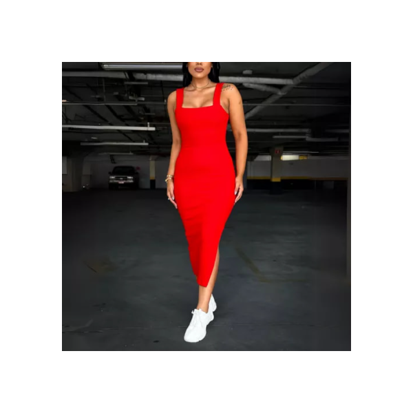 Vestido Canelado Tubinho Longo Casual Com Fenda
