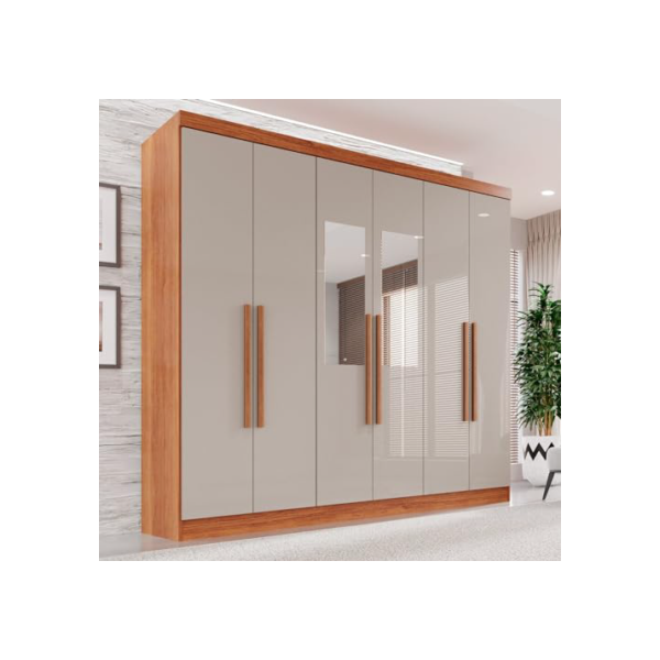 Guarda-roupa Casal com Espelho 6 Portas 2 Gavetas França Cinamomo/Off-White