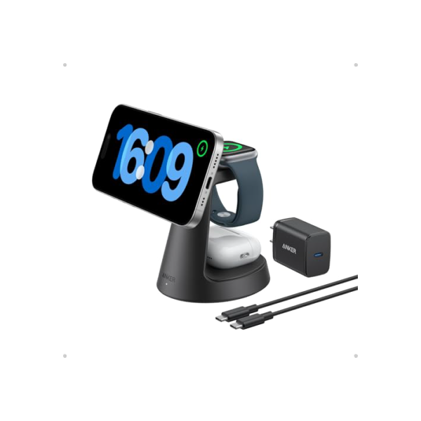Anker Compatível com carregador MagSafe, estação de carregamento MagGo 3 em 1, suporte de carregamento nano, suporte magnético sem fio de 15W certificado Qi2, para iPhone 16/15/14, Apple Watch