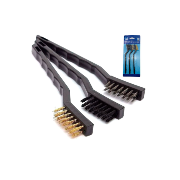 Escovas de Aço Multiuso Kit 3 Pcs Aço Latão Nylon Cabo Plástico