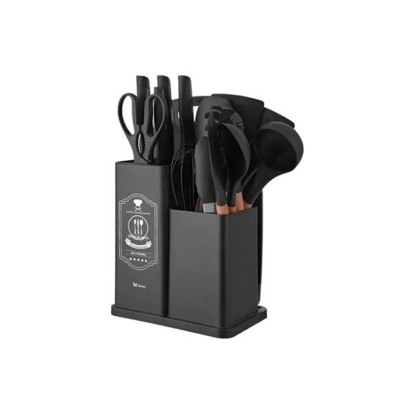 Jogo de Utensílios 19 Peças em Silicone Preto com Cabos de Madeira 32cm Resistentes ao Calor Design Moderno com Balde Organizador e Acessórios Inclusos – Ke Home