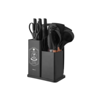 Jogo de Utensílios 19 Peças em Silicone Preto com Cabos de Madeira 32cm Resistentes ao Calor Design Moderno com Balde Organizador e Acessórios Inclusos – Ke Home