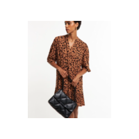 Vestido em Viscose com Manga Bufante e Estampa Animal Print Marrom