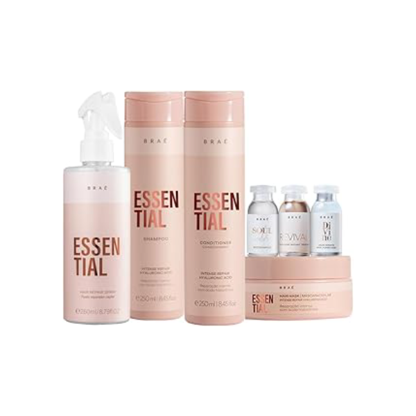 Kit Braé Essential Duo 250ml + Essential Hair Repair Spray 260ml + Máscara 200g + 3 Ampolas 13ml