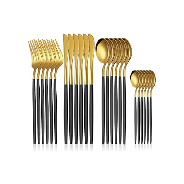 MODUS Talheres 24 Peças Aço Inox Faqueiros Com Colher Facas Garfo (Ouro Preto 24Peças)