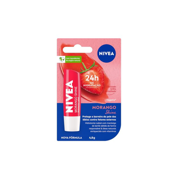 NIVEA Hidratante Labial Morango Shine 4,8g - Cuidado intensivo para seus lábios, hidratação prolongada, delicioso aroma de morango, pigmentos brilhantes e cor delicada