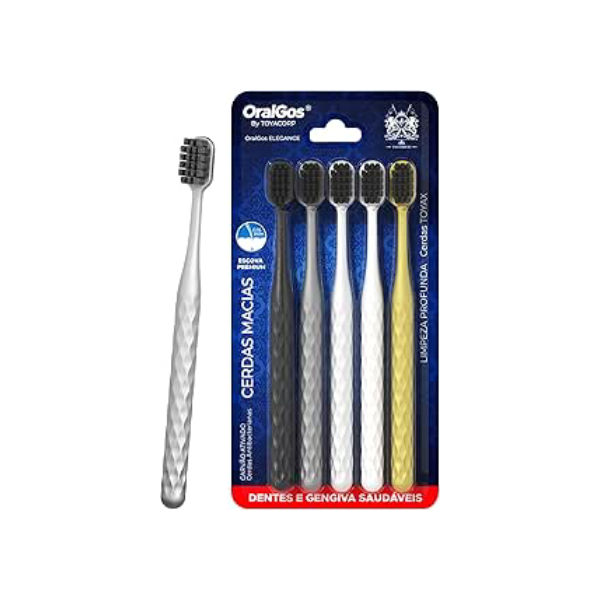 ORALGOS ELEGANCE Escova de Dente Adulto, 5 Unidades, Cerdas de Carvão Ativo, Ultra Macia, Para Gengivas Sensíveis, Multi-Cores, Prática para Viagem e Uso Familiar
