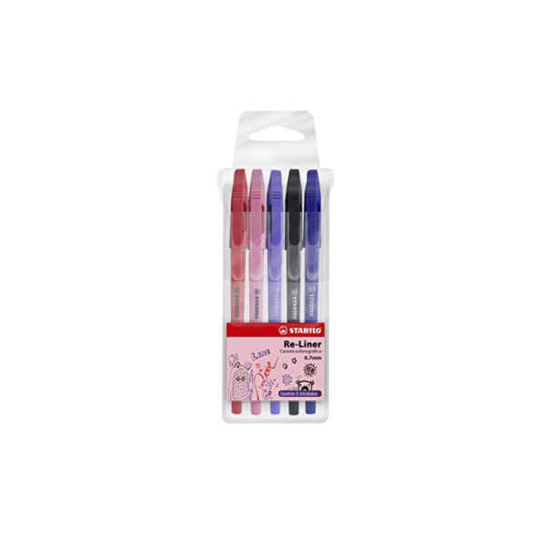 Caneta Esferográfica – STABILO Re-Liner – Estojo com 5 unidades – Em 5 cores