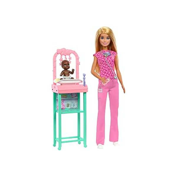 Barbie Profissões Conjunto de Brinquedo Enfermeira de Cabelo Loiro com Bebê para crianças a partir de 3 anos