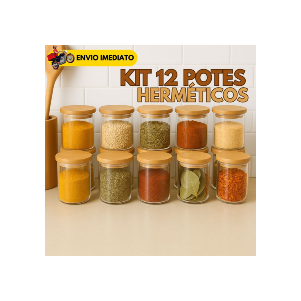 Kit 12 Potes de Vidro 200ml com Tampa de Bambu Hermético Mantimentos Condimentos Empilhaveis