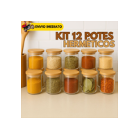 Kit 12 Potes de Vidro 200ml com Tampa de Bambu Hermético Mantimentos Condimentos Empilhaveis