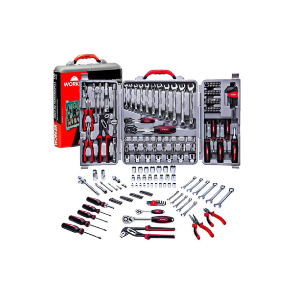 Kit Jogo De Ferramentas Maleta Com 110 Peças Soquete Chave Completo Worker Cinza Aço Cromo Vanádio