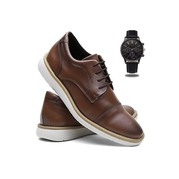 Sapato Social Masculino Casual Derby De Amarrar + Relógio de Ponteiro - Tabaco/39