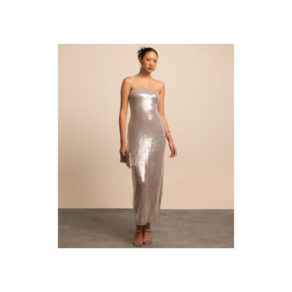 Vestido New Midi Tomara que Caia em Malha de Paetês Prata