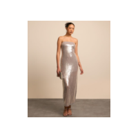 Vestido New Midi Tomara que Caia em Malha de Paetês Prata