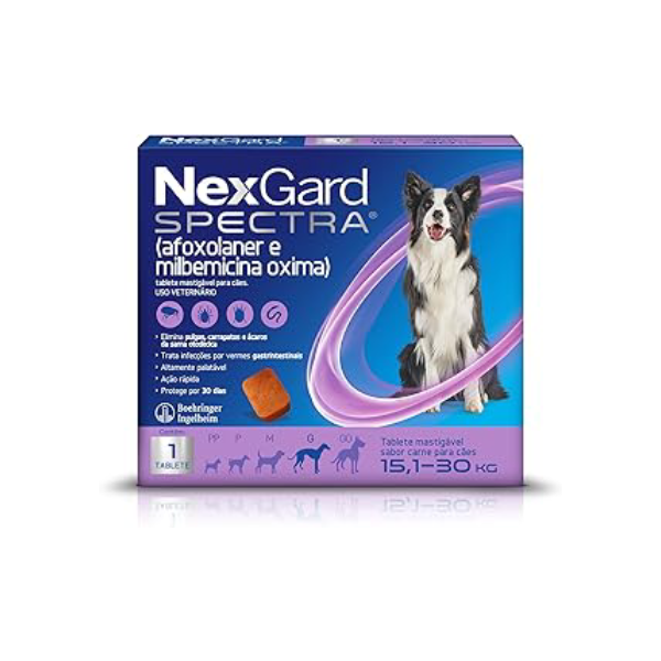 NexGard Spectra Antipulgas e Carrapatos e Vermífugo para Cães de 15,1 a 30kg - 1 tablete