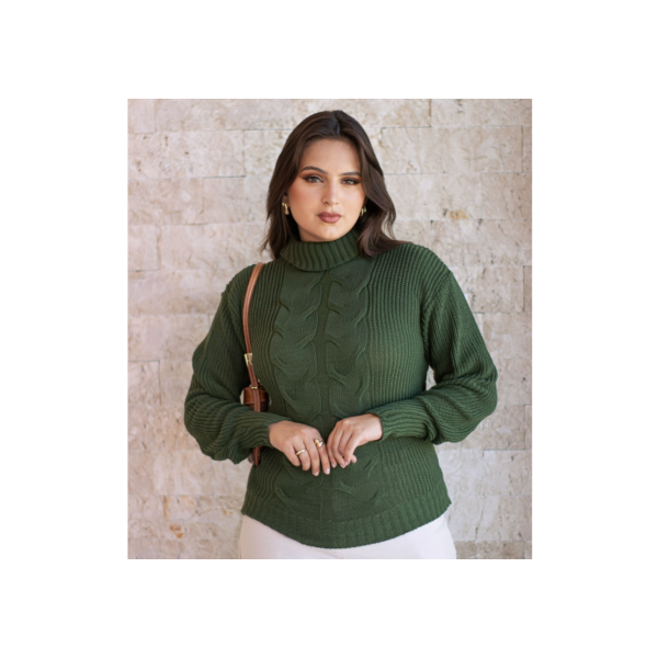 Blusa de Frio Feminina Tricot Suéter Gola Alta Manga Bufante Moda Blogueira Trico