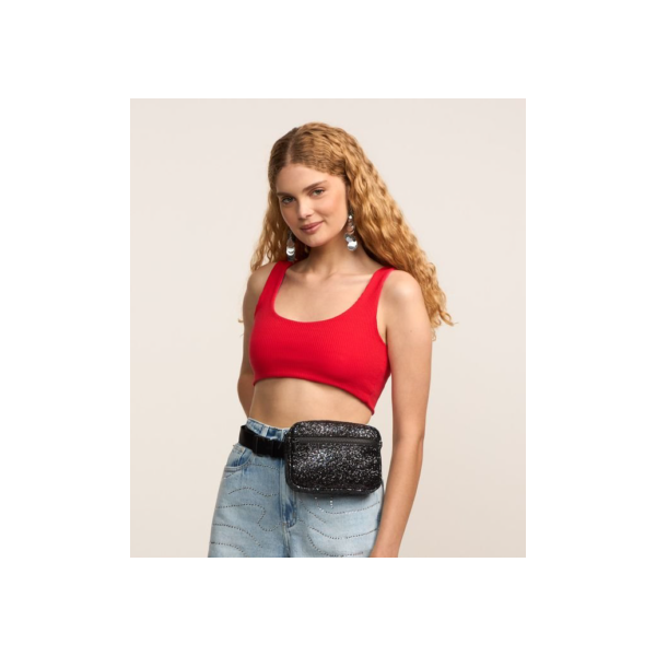 Pochete Pequena com Glitter Bolso Frontal e Alça com Gorgorão Preto