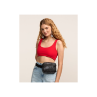 Pochete Pequena com Glitter Bolso Frontal e Alça com Gorgorão Preto