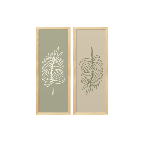 kit 2 quadros decorativos folhas  neutras branca e verde