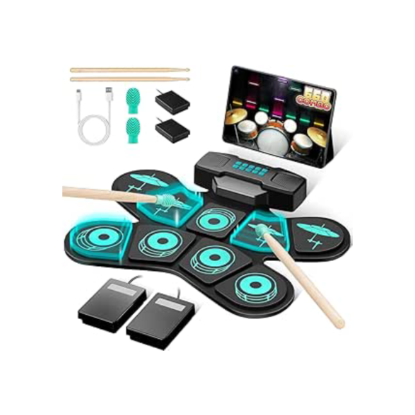 VEDO Kit de bateria eletrônica portátil VD-SJG，Eletrônica Portátil com 9 Pads Sensíveis, Alto-falantes Duplos, Conexão MIDI e 4h de Bateria - Ideal para Iniciantes, Prática em Casa e Presente Musical