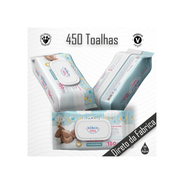 Kit 03 Pacotes Toalhas Umedecidas INFÂNCIA FELIZ - 150 Folhas com Tampa