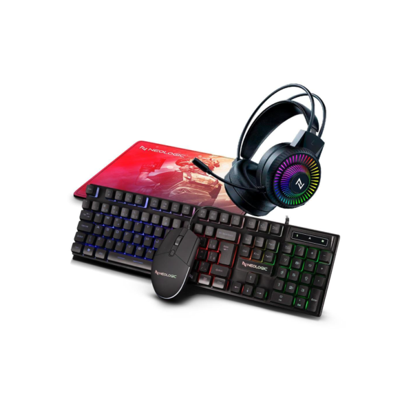 Kit Gamer Neologic 4x1 Infinity Play, Teclado Rainbow + Mouse 2200 DPI+ Headset 50mm + Mousepad