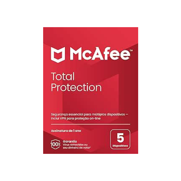 McAfee Total Protection | 5 dispositivos | Software de segurança cibernética inclui antivírus, VPN segura, gerenciador de senhas, monitoramento da Dark Web | Cartão-chave
