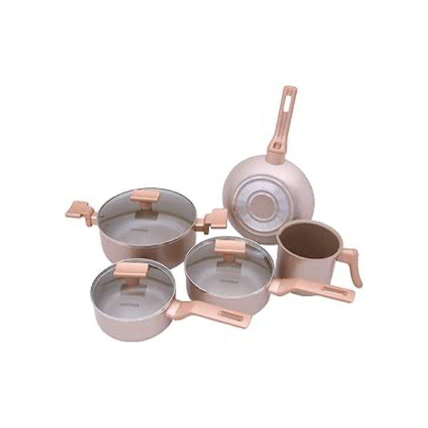 Mimo Style Conjunto 5 Panelas Sartin Cook Estrutura em Alumínio Revestida em Cerâmica, Base Alto Relevo. Tampa Vidro Temperado Alças e Cabos Soft-Touch. Fogão a Gás, Elétrico e Vitrocerâmico