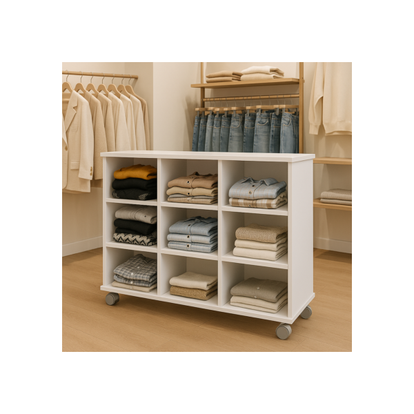 Móvel Expositor para Loja de Roupas 9 Nichos com Rodinhas  Branco Estante organização Closet