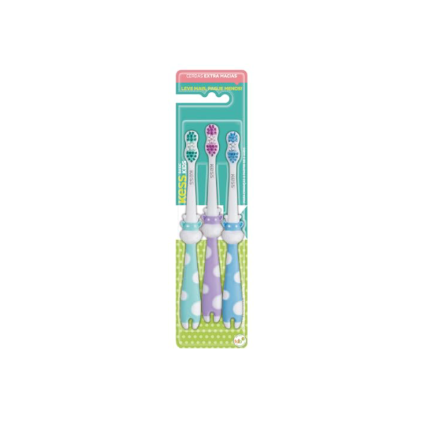 Combo Econômico Infantil com 3 Escovas Dentais, Kess, Multicor