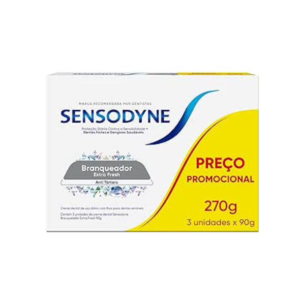 Sensodyne Creme Dental Branqueador Extra Fresh com Flúor, Anti Tártaro, Proteção Diária Contra Sensibilidade, Dentes Fortes e Gengivas Saudáveis, Leve 3 e Pague 2, 90g cada