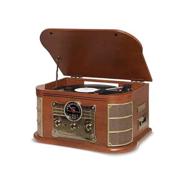 Raveo Vitrola Spazio com Toca-discos de 3 velocidades, Rádio FM, CD e Cassete players, USB e SD (reproduzem e gravam), entrada e saída auxiliares e tecnologia de conexão Bluetooth., Grande