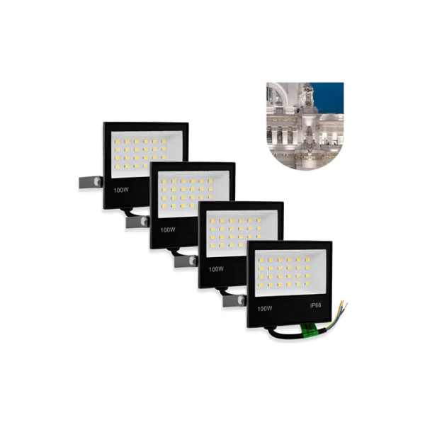Kit 4 Refletor Led 100w Holofote Bivolt Prova Dagua Frio Preto Branco-frio