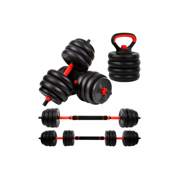 Kit Halteres 6 Em 1 Peso Musculação Até 40kg Ajustável Halter, Kettlebell, Anilha Cor Preto-Vermelho