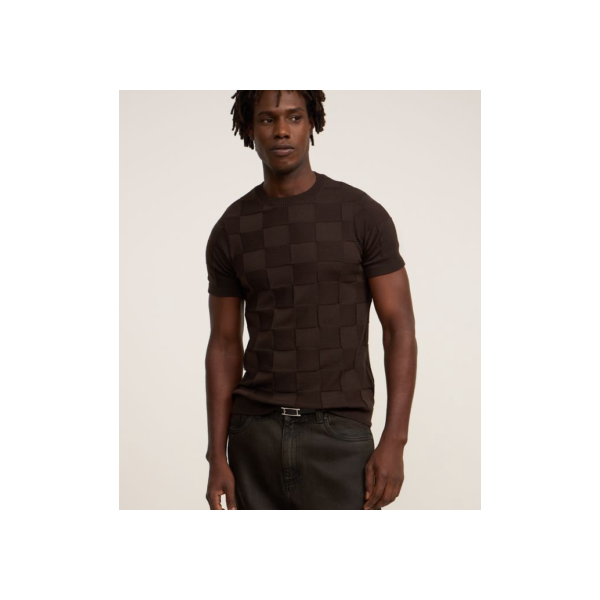 Camiseta em Tricô com Textura Quadriculada Marrom