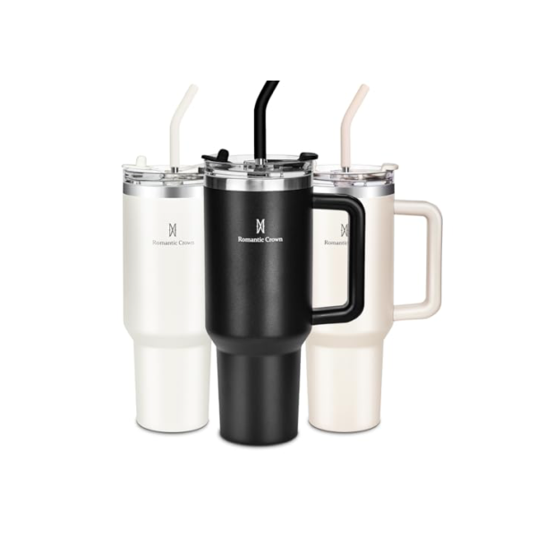 Romantic Crown Copo Térmico com Canudo Tampa e Alça 1,18L, Cops Garrafas Termico para viagem vácuo dupla camada aço inoxidável, Caneca Termica Cafe Água Chá,Presente, Fitness (Preto)