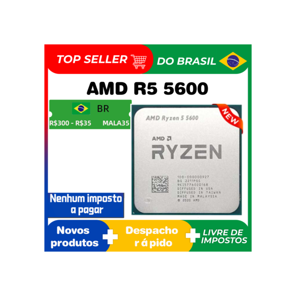 Processador CPU AMD-Ryzen 5 5600, R5 5600, 3,5 GHz, 6 núcleos, 12 thread, 65W, L3 = 32M, 100-000000927, LGA AM4 no Brasil, Novo