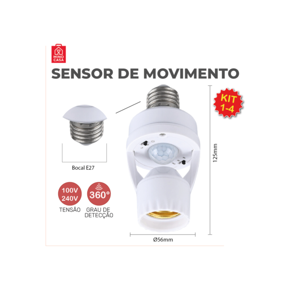 Kit 4 Sensor de Movimento para lâmpada Soquete E27 c/ sensor de presença Bivolt 110V~220V Max 60W