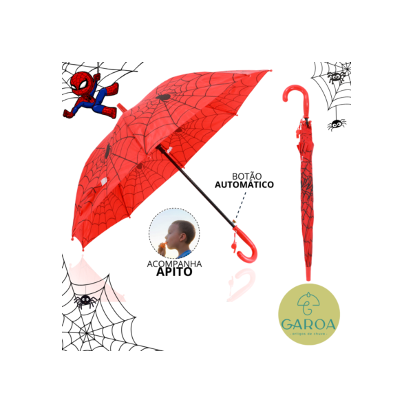 Guarda Chuva Infantil Aranha Automático Reforçado Com Apito | Aranha