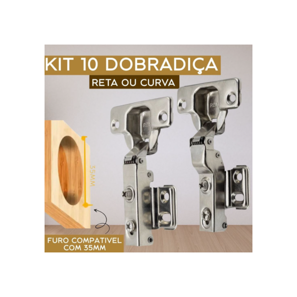 Kit com 10 Dobradiça com amortecedor para Armário Renna Pop 35mm Reta e Curva