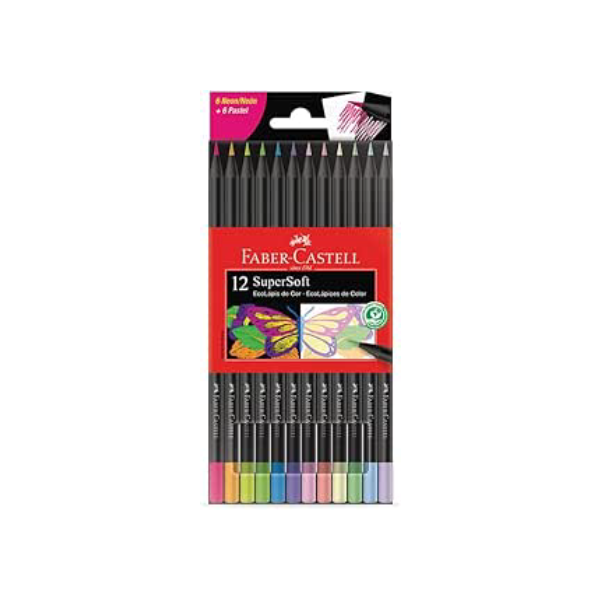 EcoLápis de Cor Supersoft 6 Neon + 6 Pastel, Faber-Castell, 120712SOFTNP, Supersoft, Multicolorido, 12 Contagem (Pacote de 1)