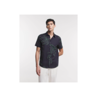 Camisa Regular em Voal com Estampa de Coqueiros Tracejados Preto