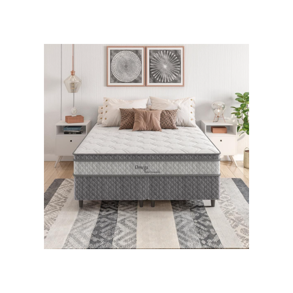 Cama Box Queen Size Herval Ômega com Pillow Top e Molas Ensacadas 61x158x198cm - Cinza/Branco