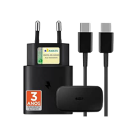 Carregador Turbo Compativel c/Samsung Galaxy, Motorola, Novo Iphone 15/16 - Fonte 25W Ultra,Carregamento Rápido, Tipo C + USB, Acompanha Cabo Tipo C, para Android/IOS - Certificado Premium Black