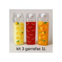 Kit 3 Garrafa de Acrílico Plástico Sem BPA Resistente Geladeira Suco Leite Chá Quadrada Resistente1L