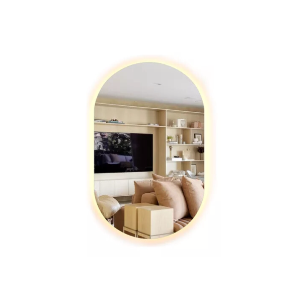 Espelho Decorativo Oval 80x50 Led Salão De Beleza Lapidado Moldura Branco Quente