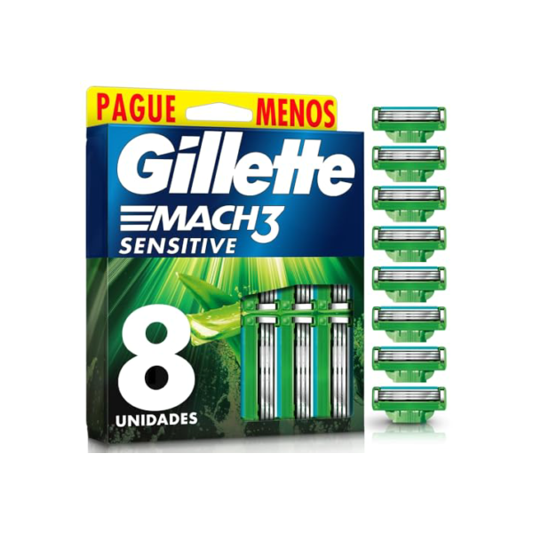 GILLETTE Mach3 Sensitive Carga para Aparelho de Barbear Reutilizável , 8 Refis com Aloe, Barbear Rente com Menos Irritação para Homens com Pele Sensível