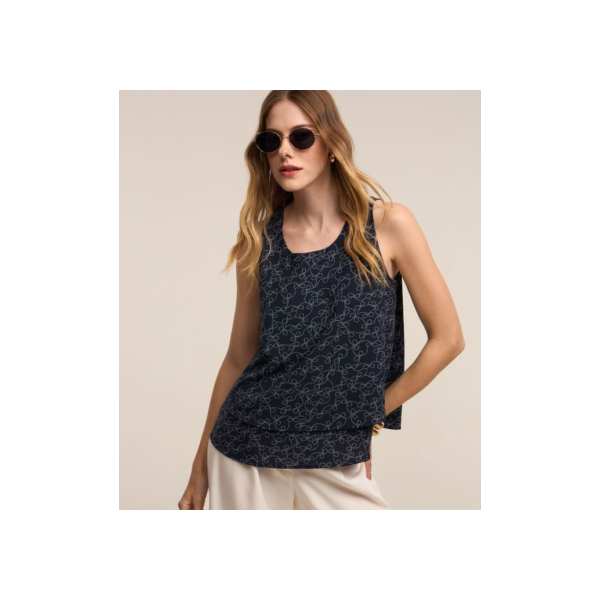 Blusa em Crepe com Zíper nas Costas e Estampa de Poá Entrelaçado Azul Marinho